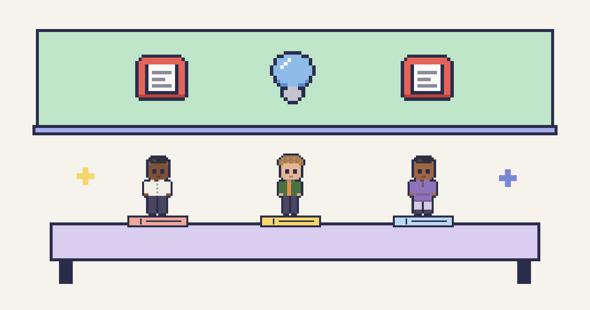 Pixel learners and books in a school scene