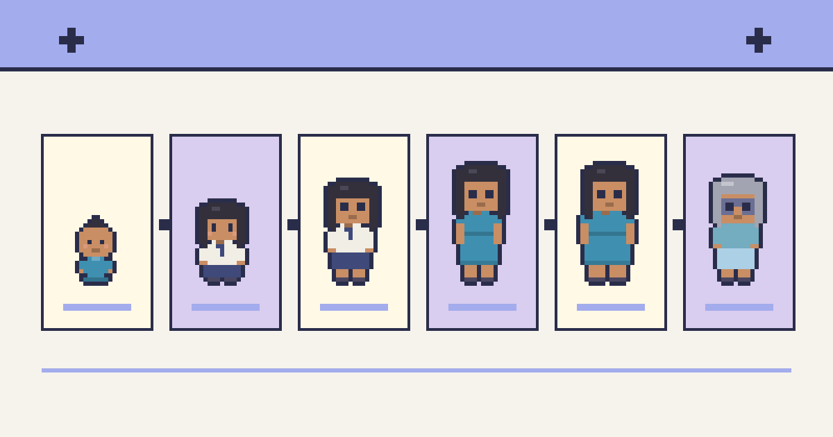 The same pixel person at six different life stages